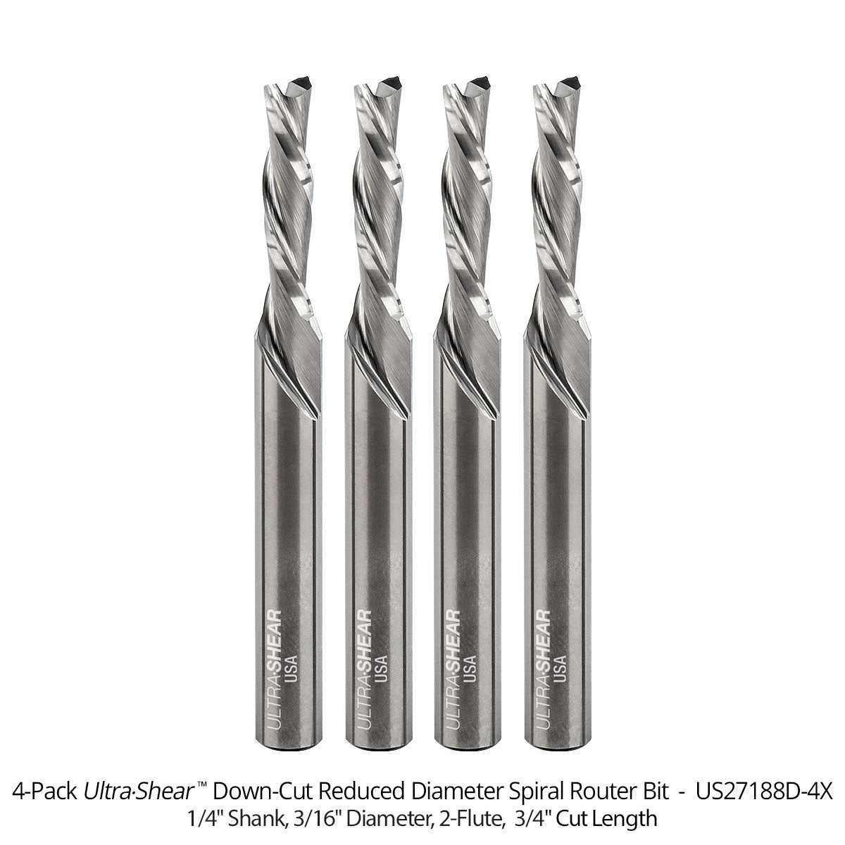Reduced Diameter Spiral CNC Router Bits - Solid Carbide - 1/4 Shank - 2 Flute