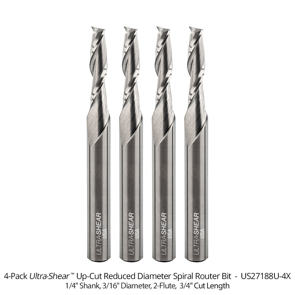 Reduced Diameter Spiral CNC Router Bits - Solid Carbide - 1/4 Shank - 2 Flute