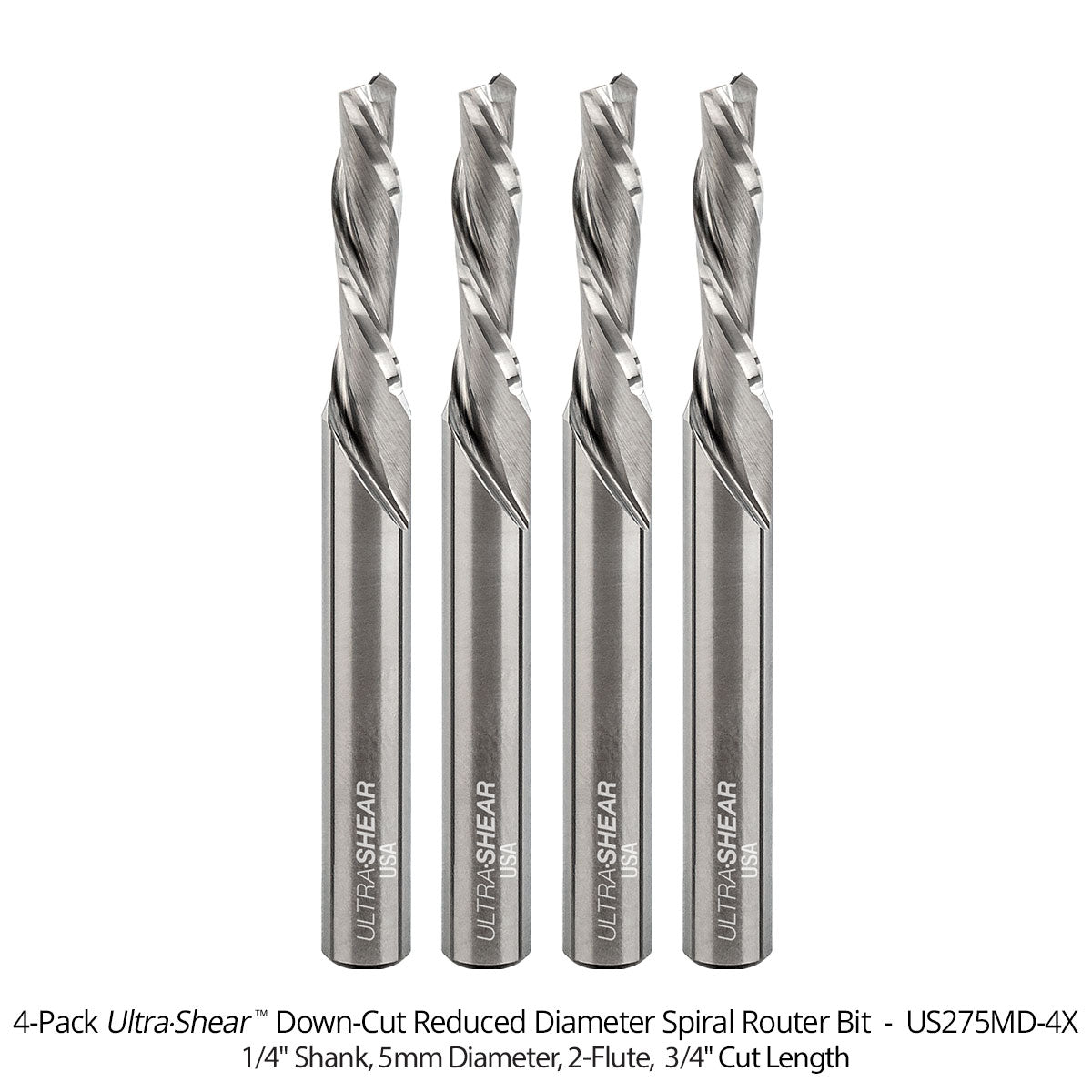Reduced Diameter Spiral CNC Router Bits - Solid Carbide - 1/4 Shank - 2 Flute