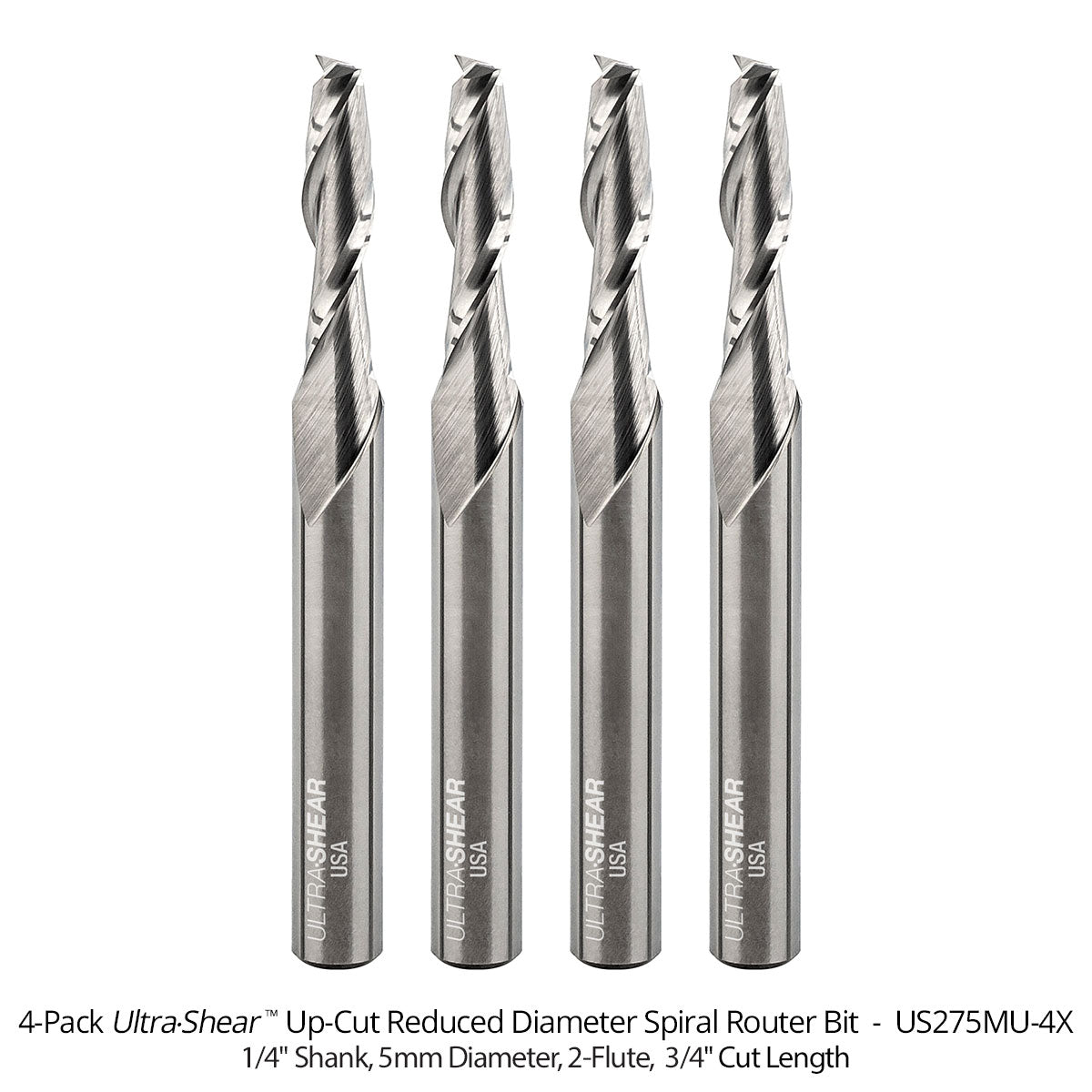 Reduced Diameter Spiral CNC Router Bits - Solid Carbide - 1/4 Shank - 2 Flute
