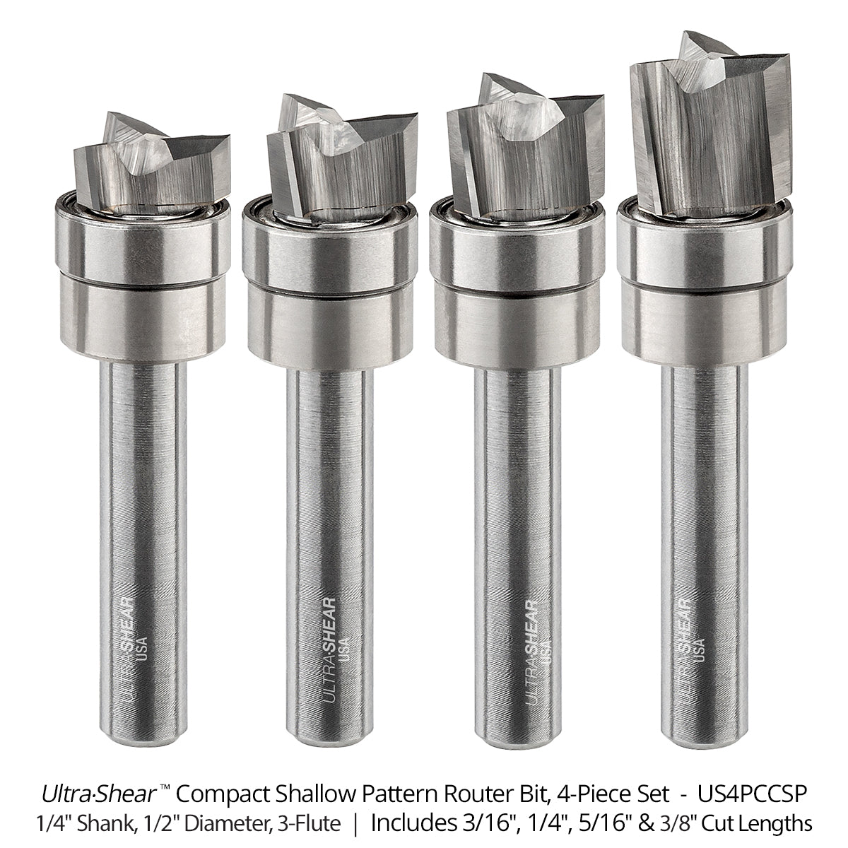 Compact Shallow Pattern Router Bits - Carbide Head - 3 Flute - 1/4 Shank