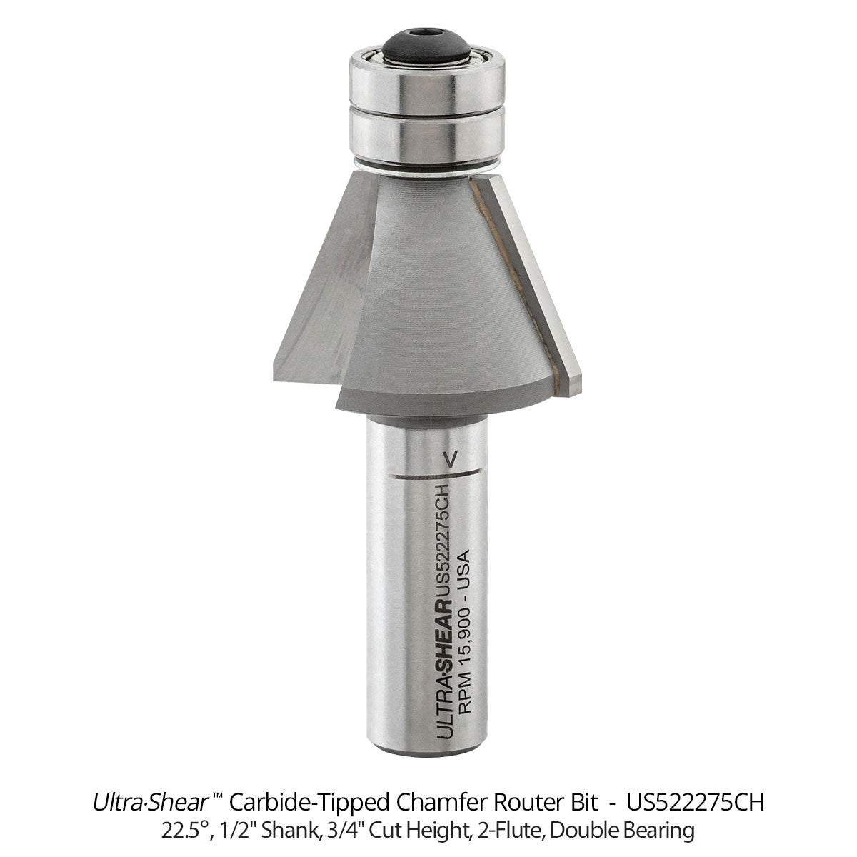 Carbide Tipped Double Bearing Chamfer Bit, 2-Flute and 3-Flute, 1/2" Shank Open Box