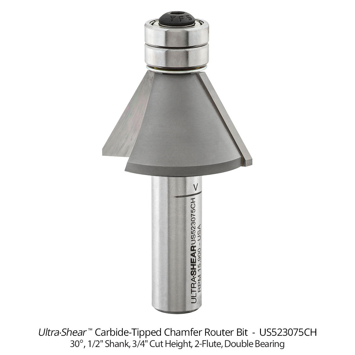 Carbide Tipped Double Bearing Chamfer Bit, 2-Flute and 3-Flute, 1/2" Shank Open Box