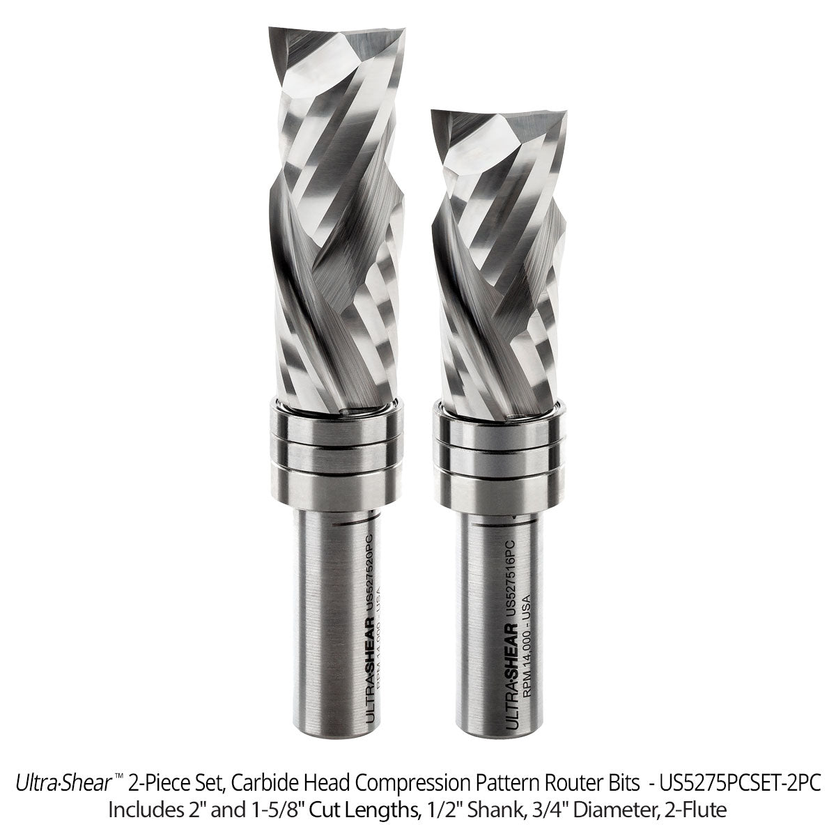 Compression Pattern & Mortising Router Bits - 1/2 Shank - Carbide Head - 2 Flute