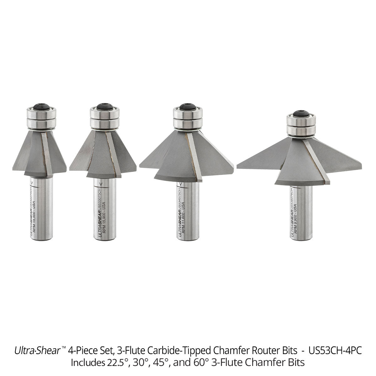 Chamfer Router Bits - 1/2 Shank - Carbide Tipped - Double Bearing