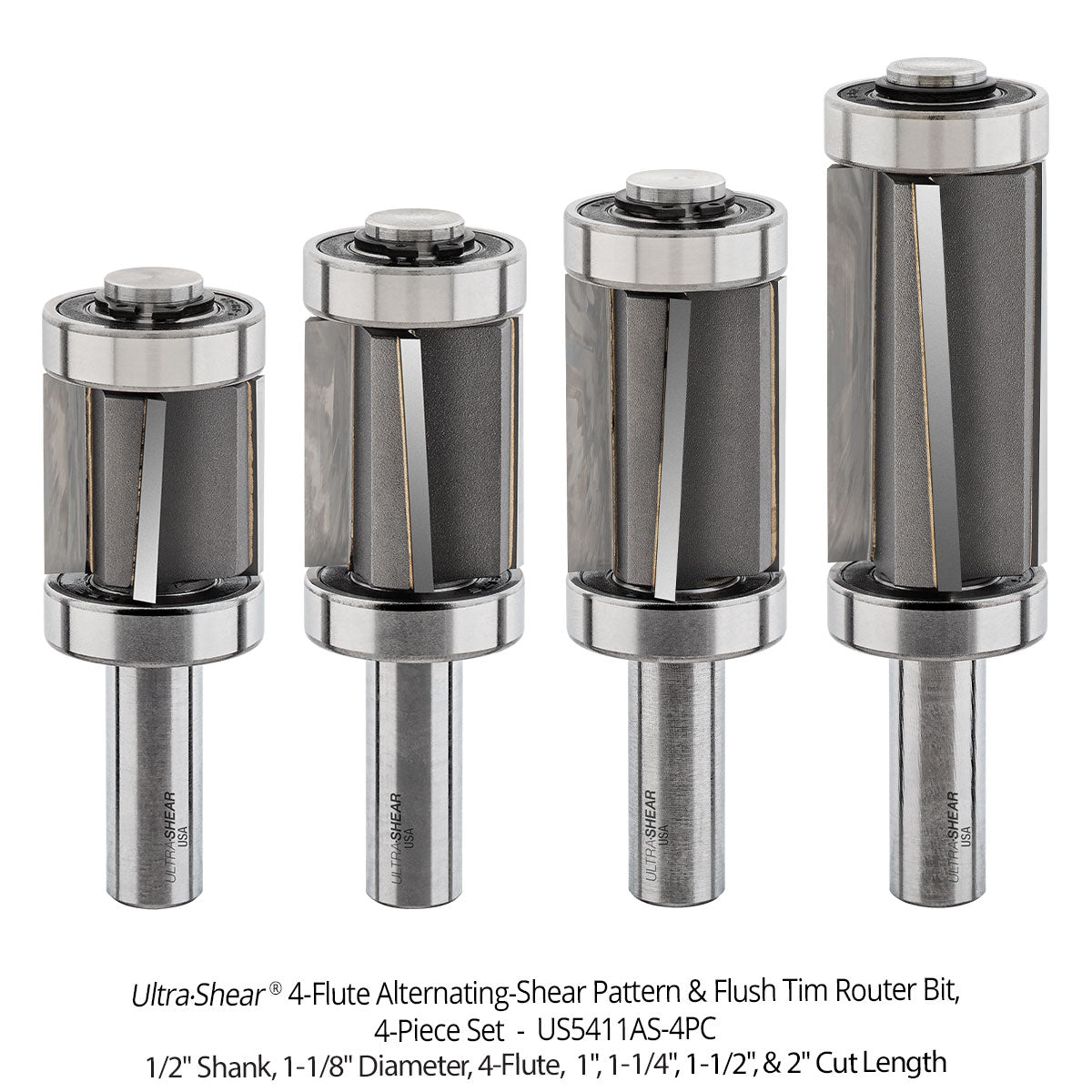 Alternating Shear Pattern & Flush Trim Router Bits - 4 Flute - Dual Bearing - Carbide Tipped - 1/2 Shank