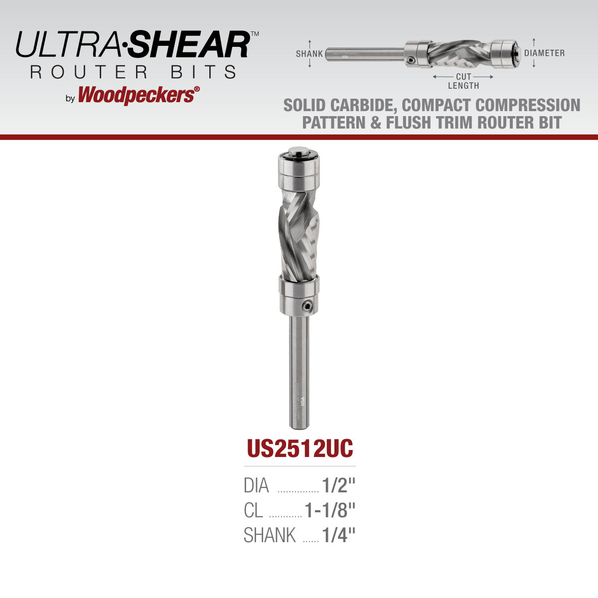 Compact Compression Combination Pattern & Flush Trim Router Bit - 1/4 Shank - Solid Carbide