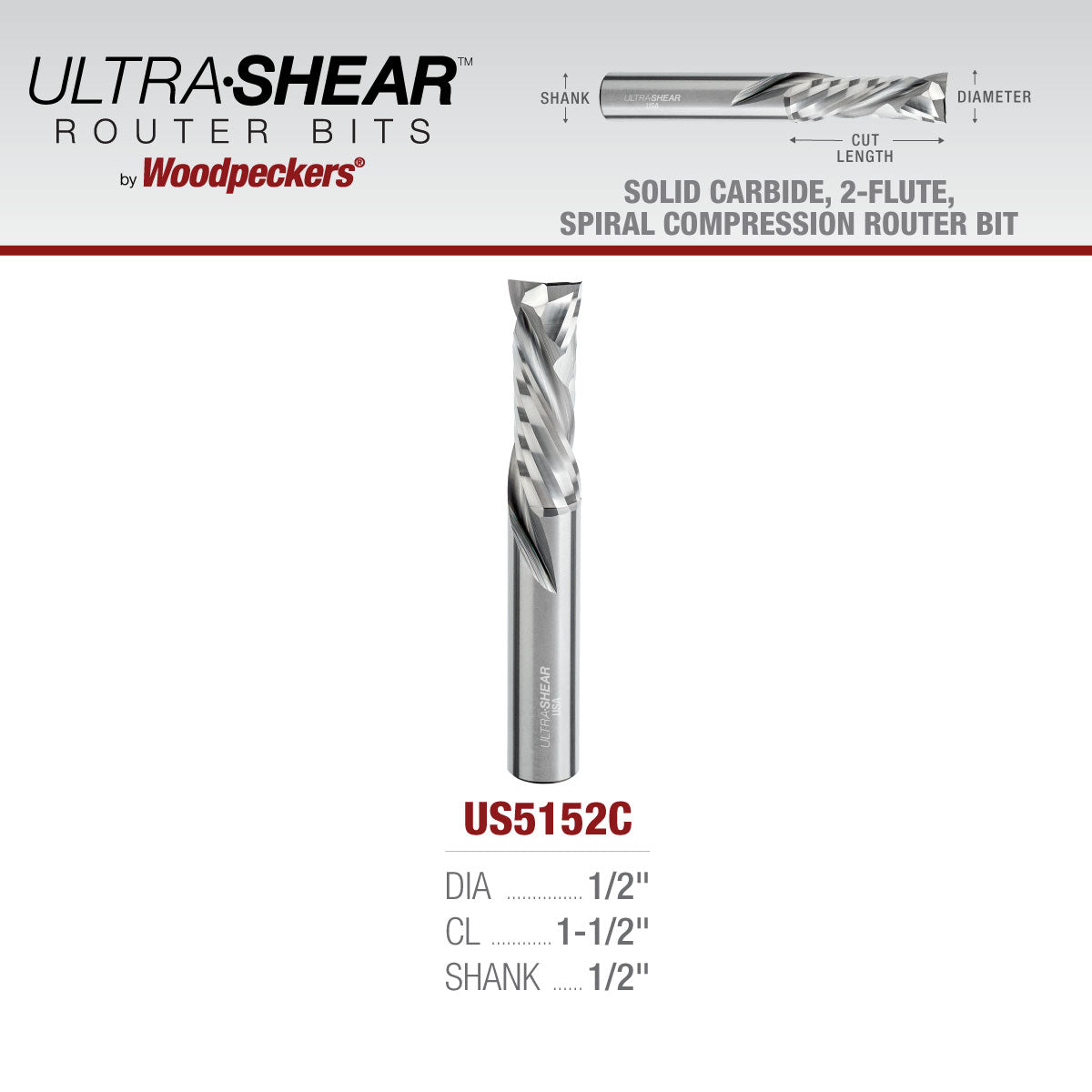 Compression CNC Router Bits - 1/2 Shank - Solid Carbide - 2 Flute