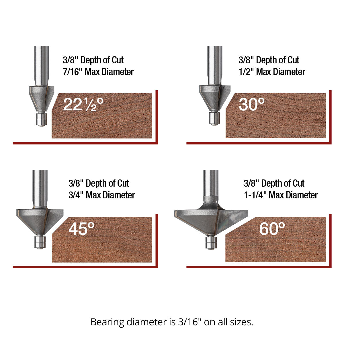 Micro Bearing Chamfer Router Bits - 3/16 Diameter - 1/4 Shank - Carbide Tipped